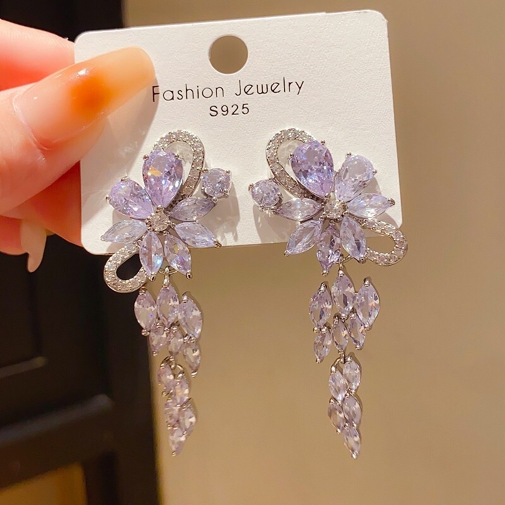 Fashion Jewelry Lilac Crystal Floral Dangle Earrings